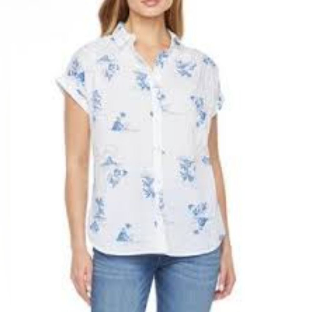 a.n.a. White & Blue Hawaiian Tropical Rolled Sleeves Button Down Shirt M
